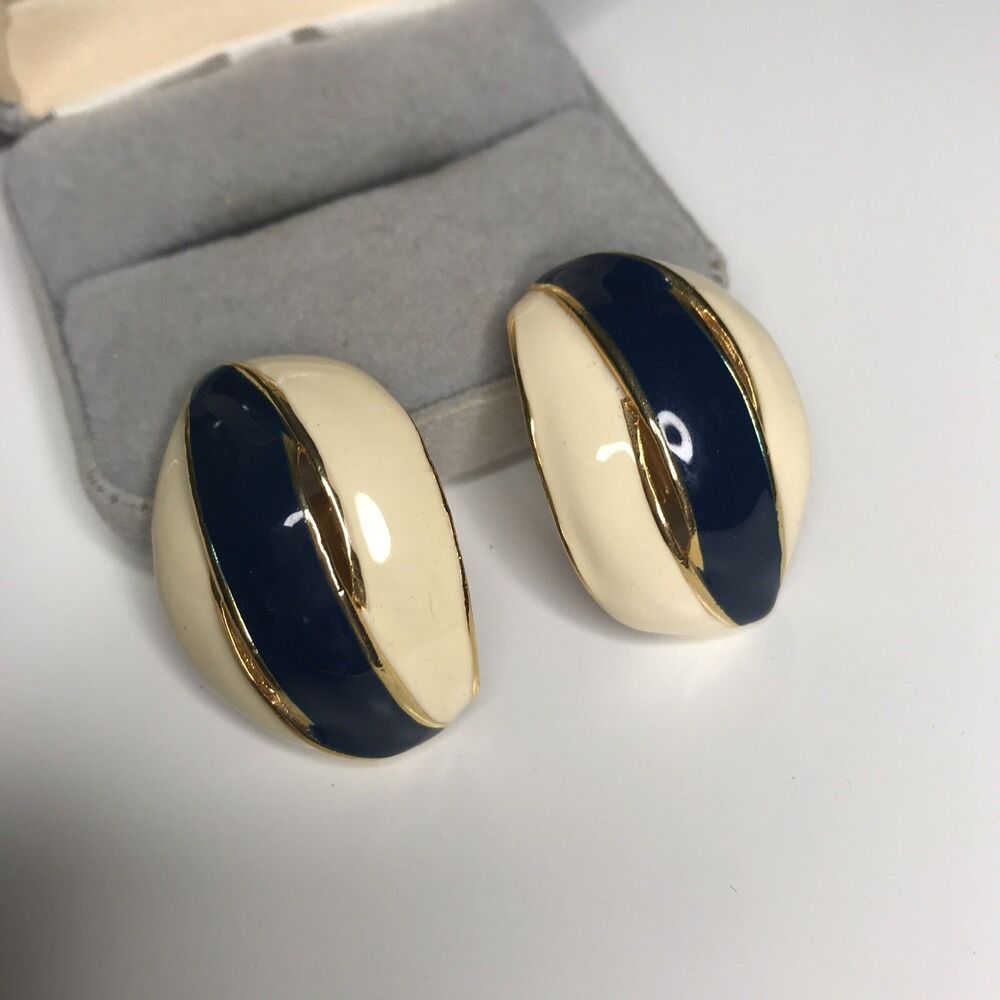 Vintage Earrings clip on Large Enamel style navy blue cream